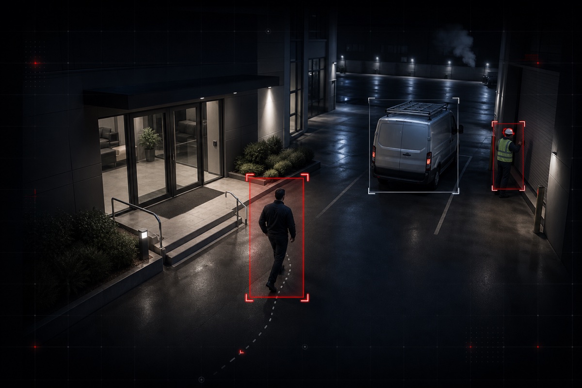 QORA automatically detecting a person, a van, and a hi-vis worker across a night-time security camera feed with confidence boxes and a tracked path.