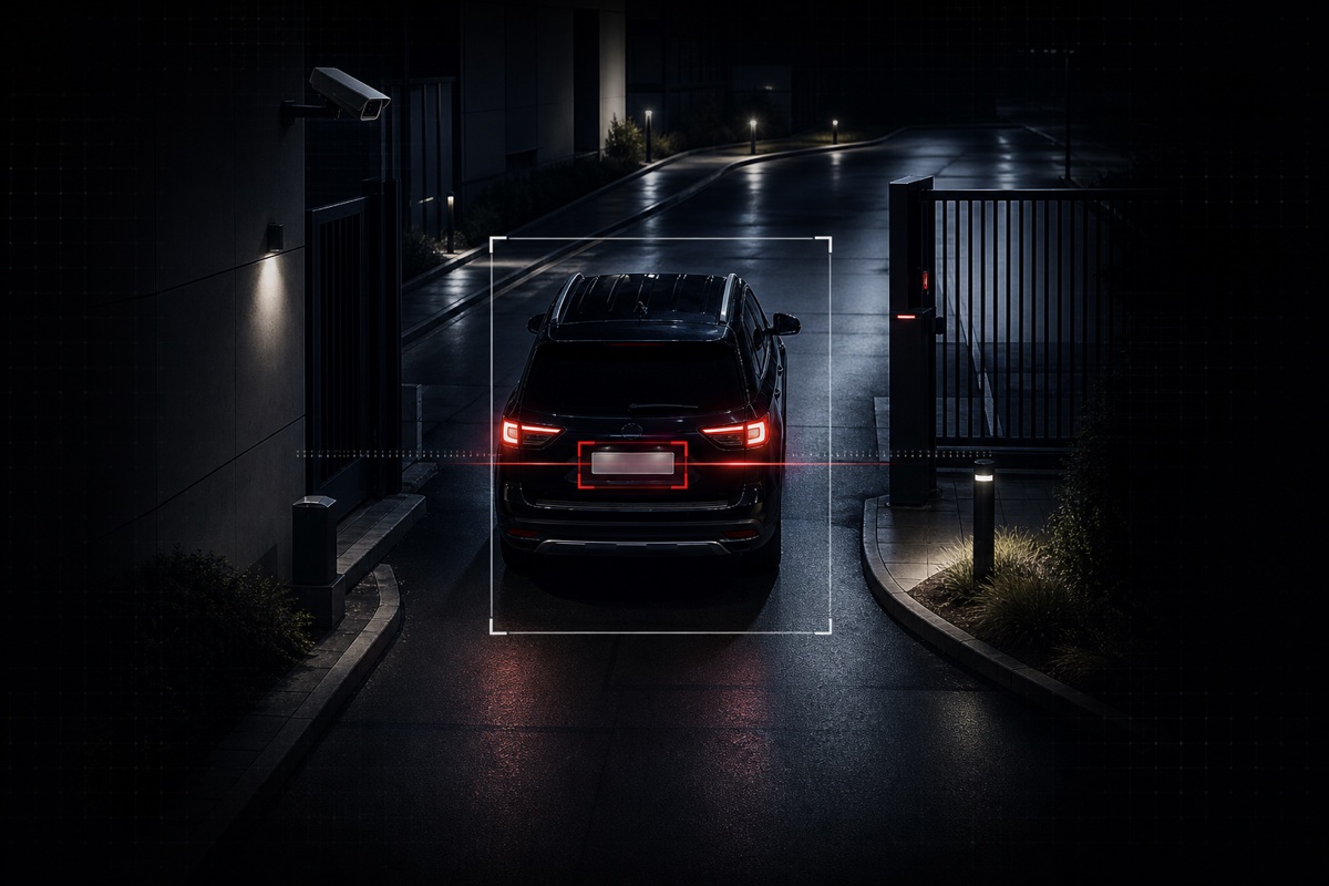 QORA reading and matching a vehicle license plate at a gated entrance from a camera feed.