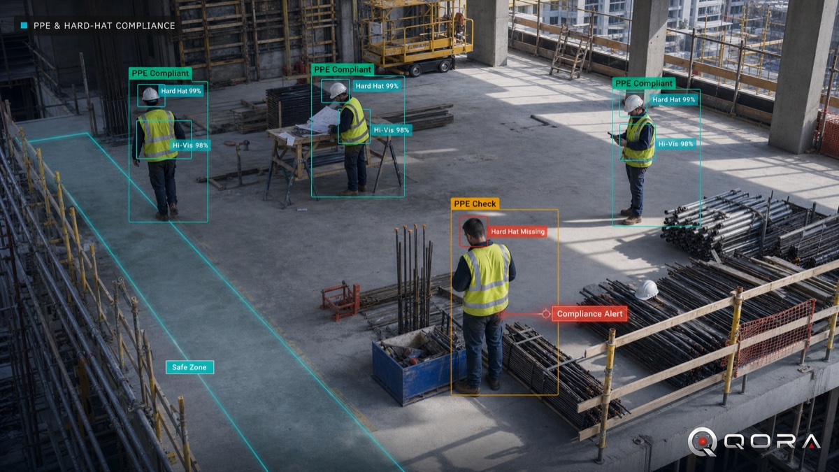 QORA construction safety — hard-hat and PPE compliance monitoring on a jobsite camera.