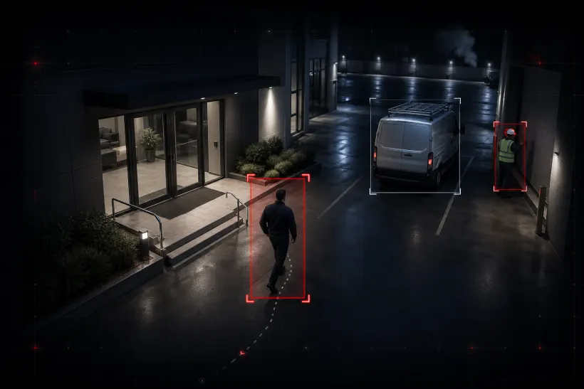 QORA automated detection highlighting a person and a vehicle in a camera feed.