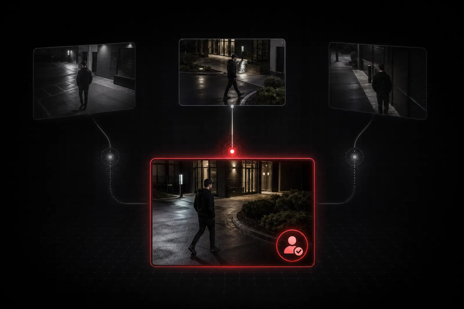 QORA operator view: several night-time security-camera feeds with one AI-flagged feed highlighted in red as a person is detected at a building entrance.