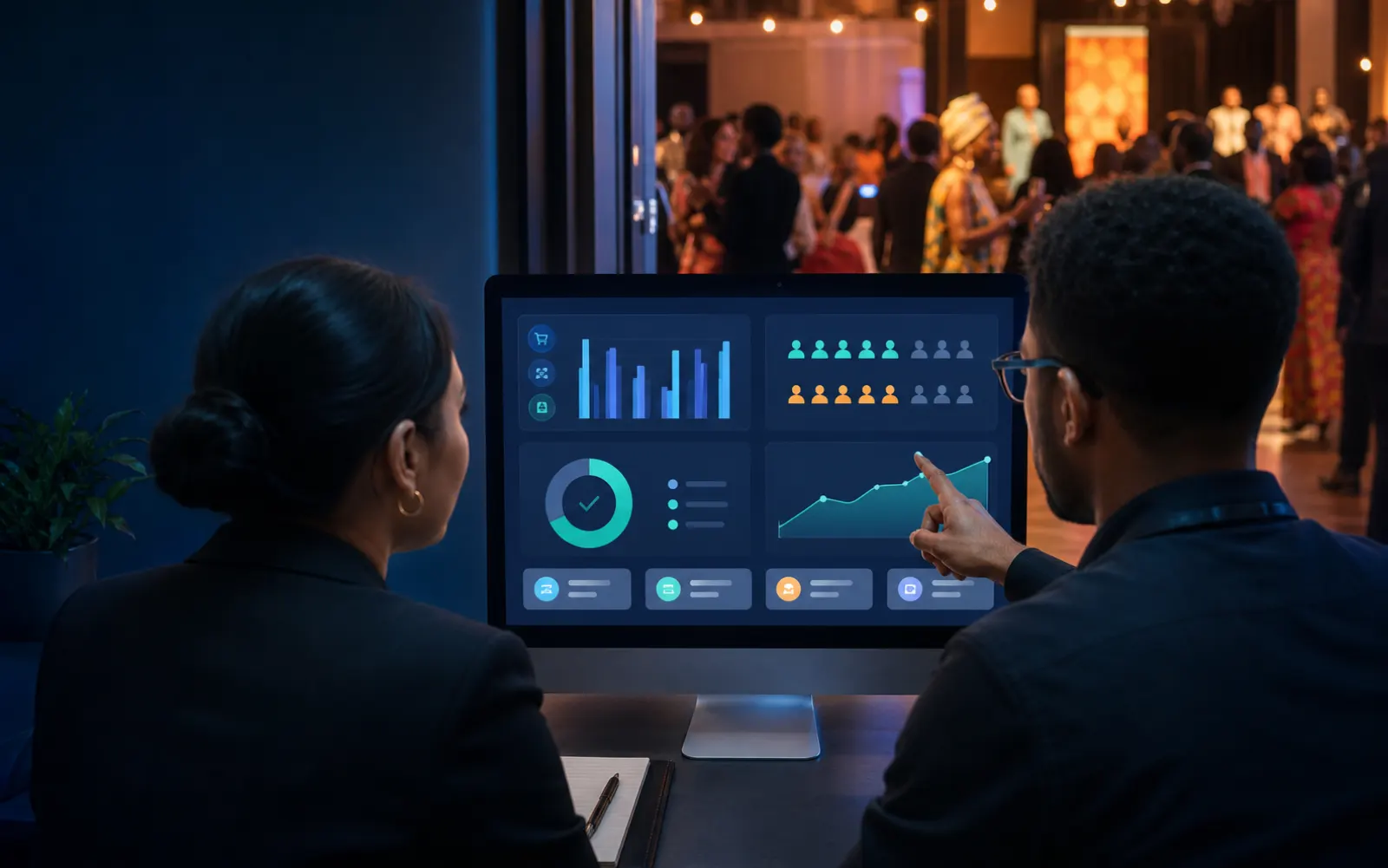 VenueFuze in use: two organizers reviewing a live event-operations dashboard — sales, attendees, and revenue trend — with a full event visible behind them.