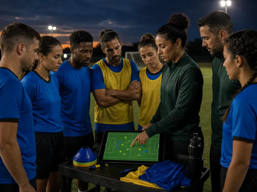 ZKickoff coach tactics board with a soccer formation and eligibility-aware lineup.